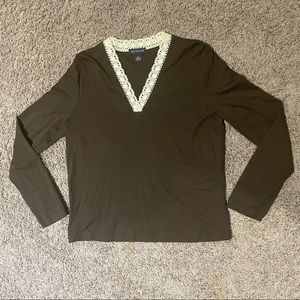 Ann Taylor brown long-sleeved V-neck lace shirt